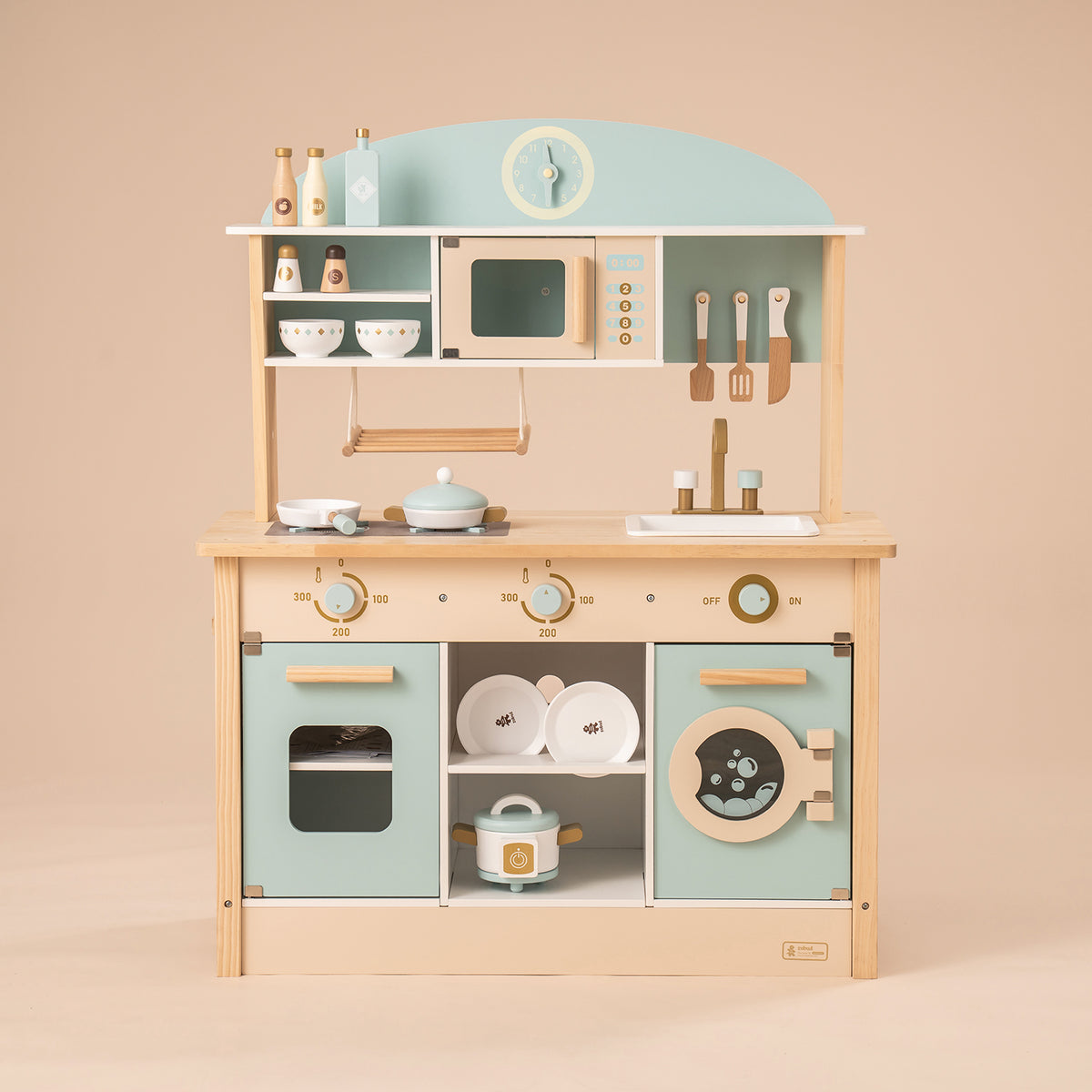 ROBUD wooden play kitchen in sage green and natural birch, with open shelving, microwave, oven and hanging utensils