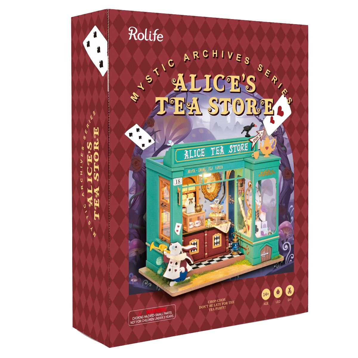 Rolife Alice's Tea Store Mystic Archives retail box with teal storefront art on a purple diamond pattern background