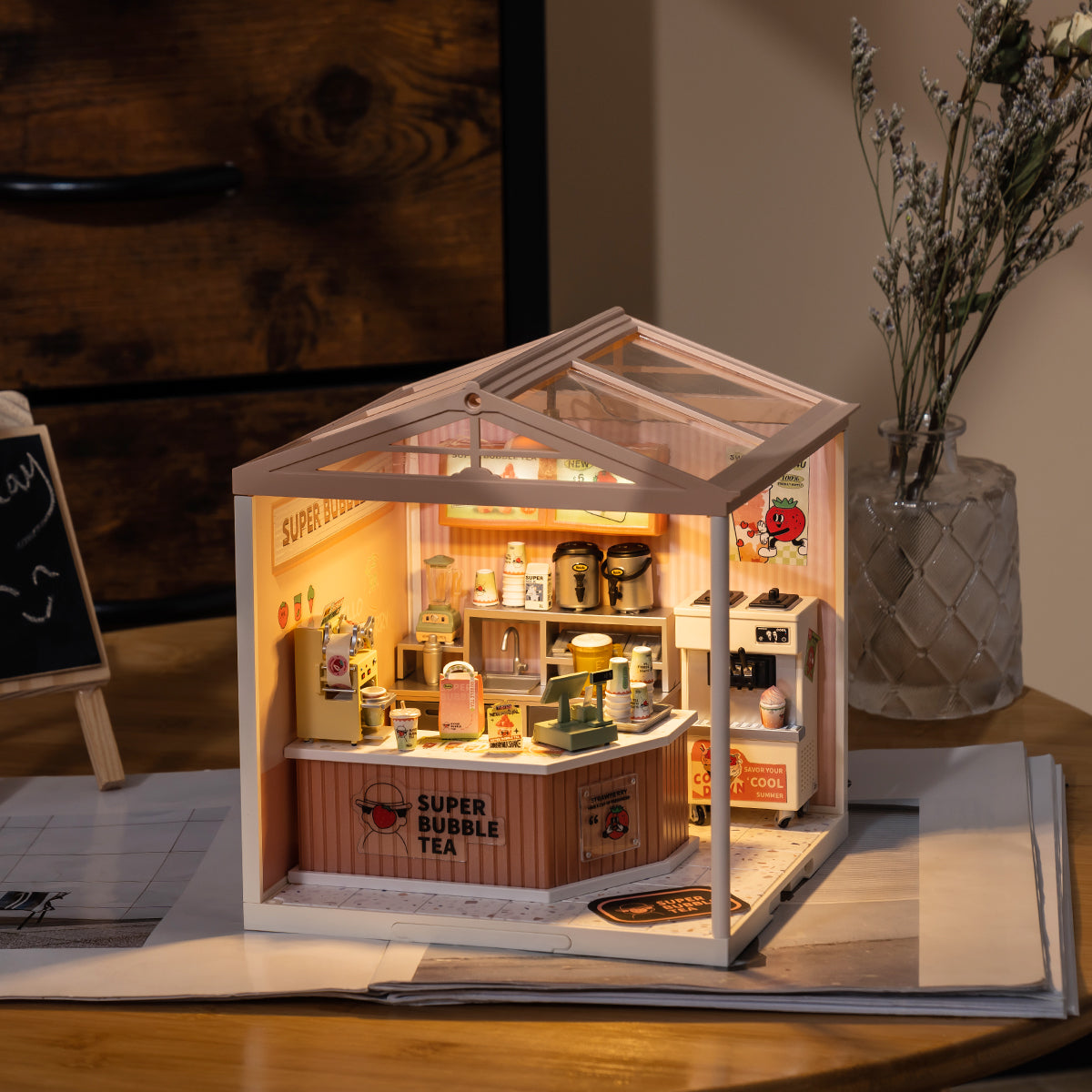 Rolife Super Creator Double Joy Bubble Tea DW006 DIY book nook miniature kit, top-down view of the assembled model