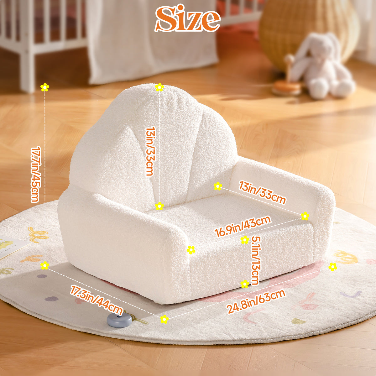 ROBUD Children's Sofa Series cream white sofa size diagram with labeled dimensions on nursery floor