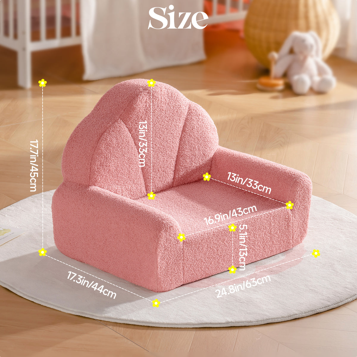 ROBUD Children's Sofa Series pink sofa size diagram with labeled dimensions on nursery floor