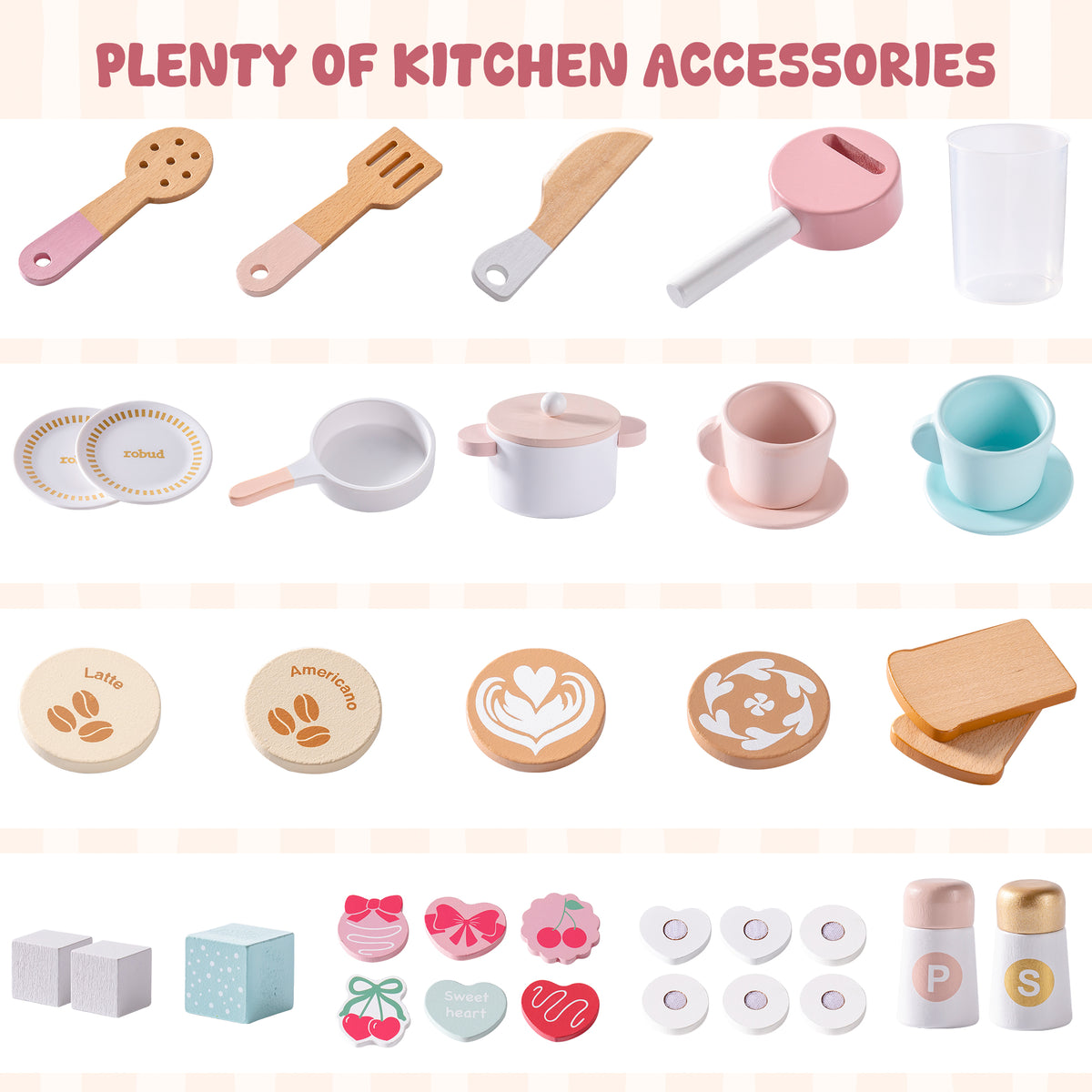 ROBUD Pink Baking Kitchen accessories flat lay showing wooden spoons, pots, cups, plates, cookies and pastry play food pieces