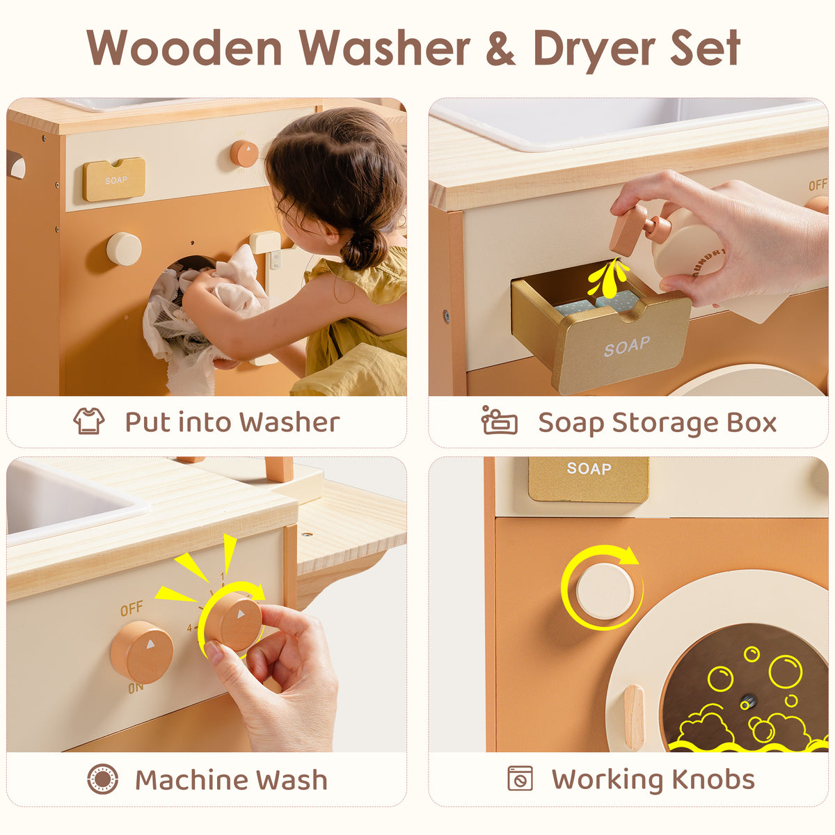 ROBUD Wooden Washer and Dryer Set feature highlights showing put into washer, soap box, machine wash and working knobs callouts