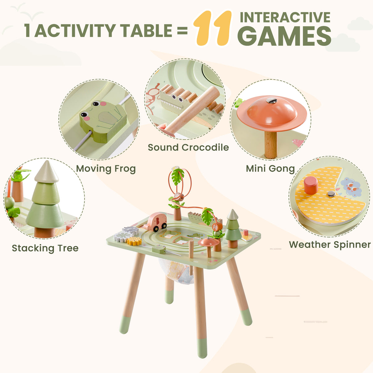 ROBUD 11 in 1 Wooden Rainforest Activity Table games panel showing sound crocodile, moving frog, mini gong and stacking tree
