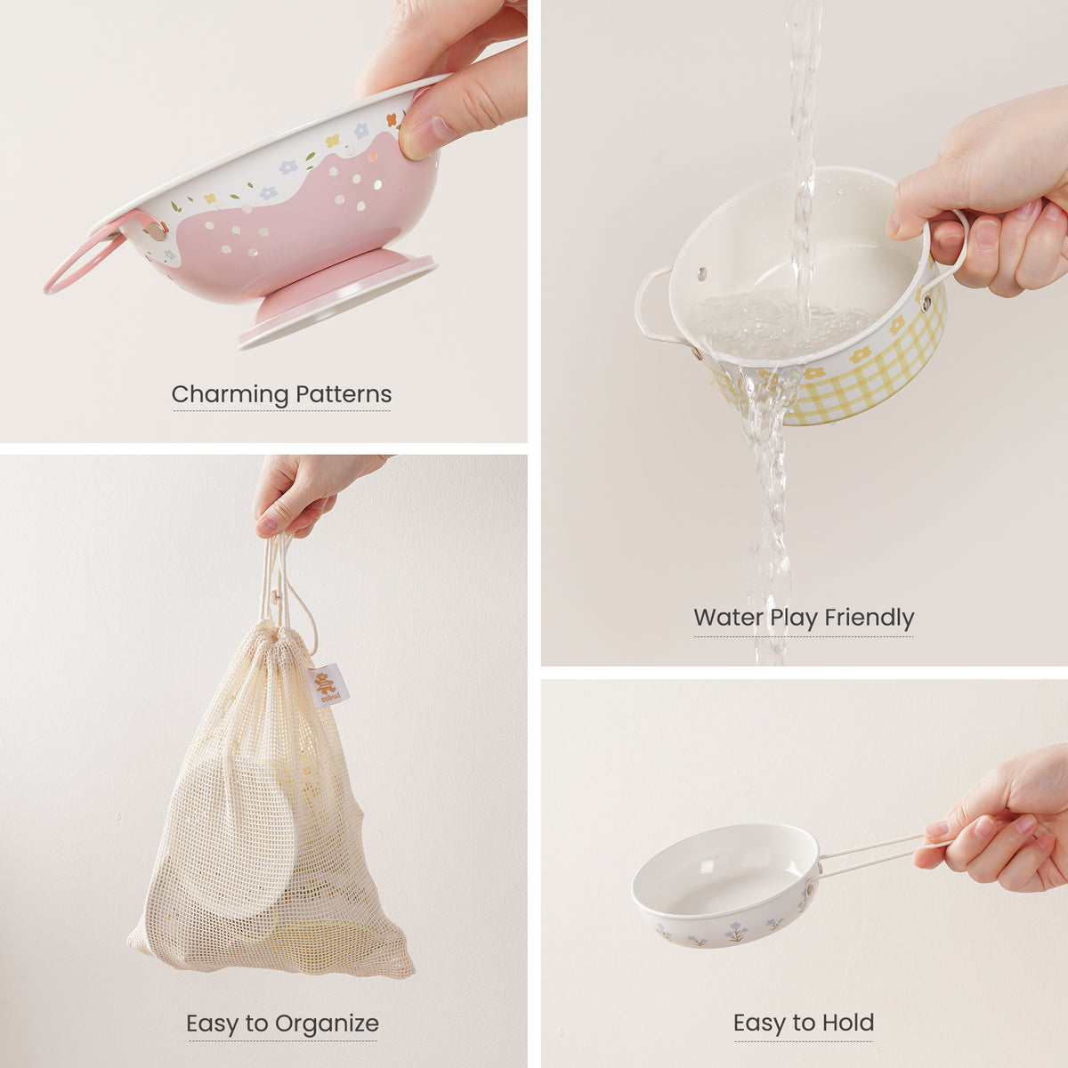 ROBUD tinplate pretend play set showing a pastel colander, mesh bag, handheld strainer, and ladle with feature callouts.