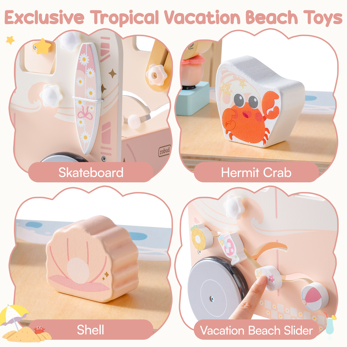 ROBUD pink bus walker tropical beach toy detail panels showing crab shell skateboard and beach slider activity pieces.