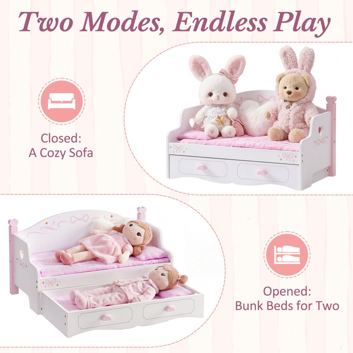 ROBUD pink doll bunk bed shown in two modes: closed as a cozy pink sofa and opened as bunk beds for two 18-inch dolls