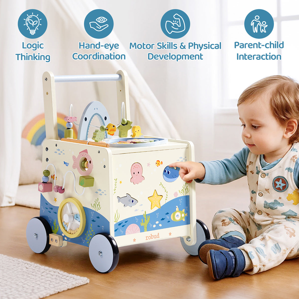 ROBUD Wooden Baby Push Walker Underwater World with infant pushing walker on floor showing logic thinking, hand-eye coordination and motor skills development icons