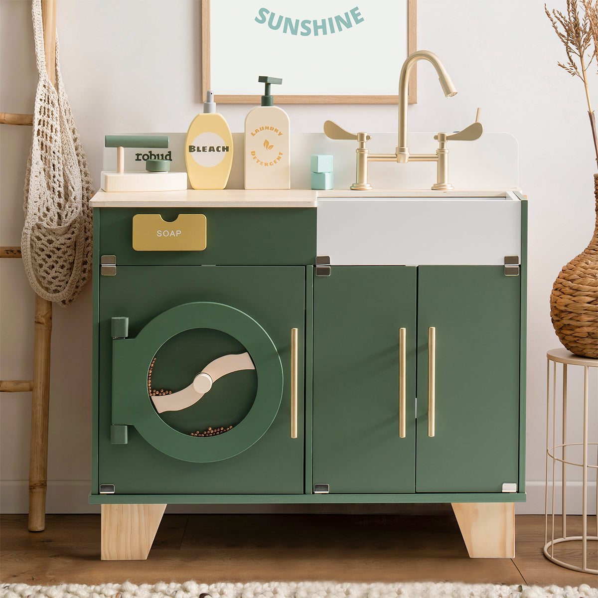 ROBUD vintage green kitchen sink and washing machine combo unit with white basin and round porthole.