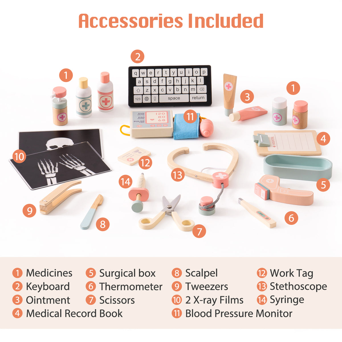 ROBUD wooden doctor toy set accessories laid out including stethoscope, scissors, syringe, medicines, x-ray films, keyboard, and blood pressure monitor