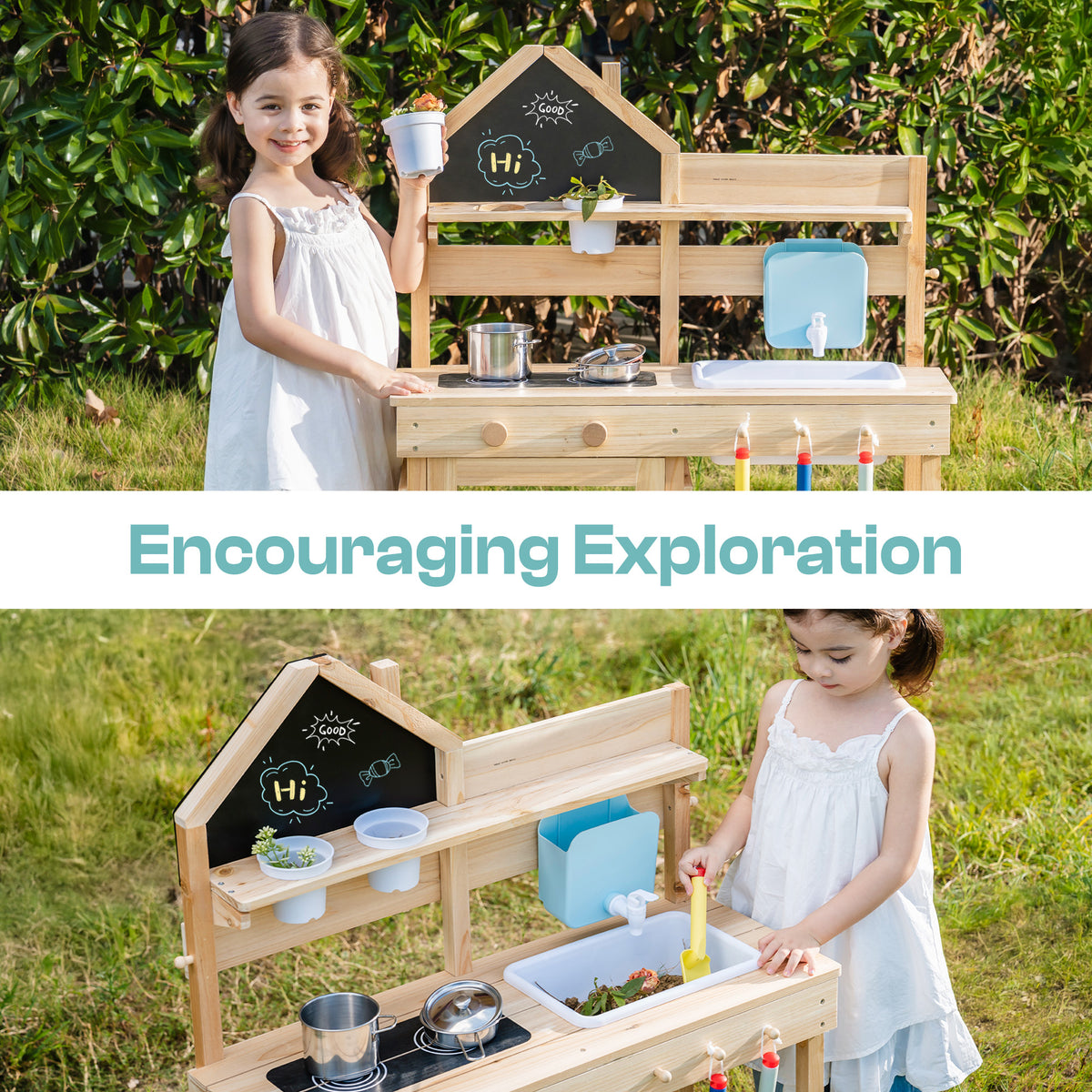 ROBUD Outdoor Mud Kitchen with Accessories encouraging exploration lifestyle collage with girl writing on chalkboard and cooking at the wooden outdoor kitchen