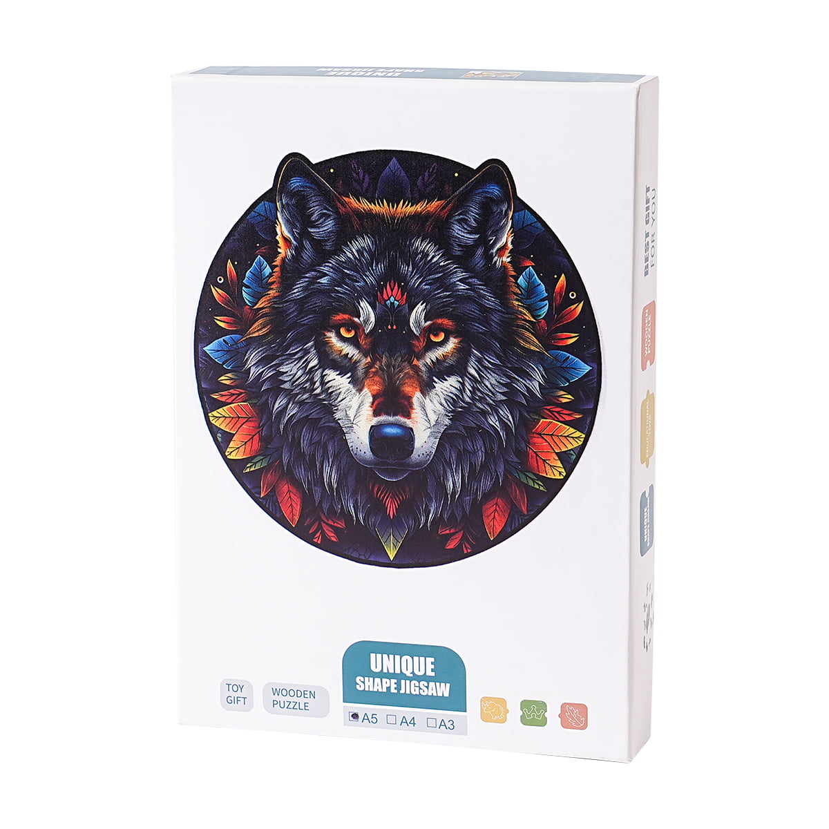 Retail packaging box for the Robotime Wolf in the Jungle wooden puzzle featuring a circular wolf portrait on a dark background with Unique Shape Jigsaw label