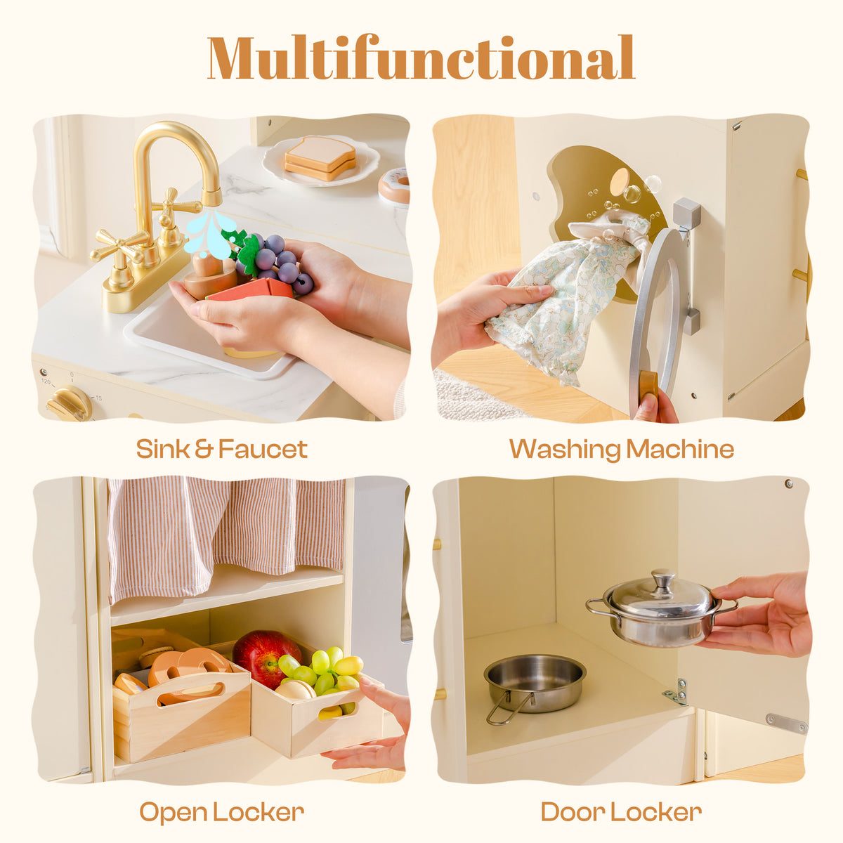 ROBUD corner kitchen play set feature panel showing functional sink washing machine drum open locker and door locker.