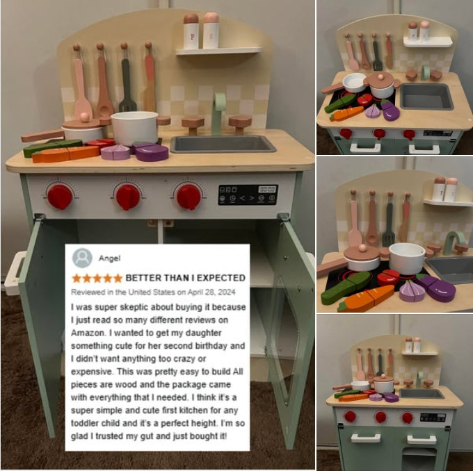 ROBUD wooden play kitchen with colorful vegetable accessories, red dial knobs, and stainless sink shown alongside five-star customer review praising build quality