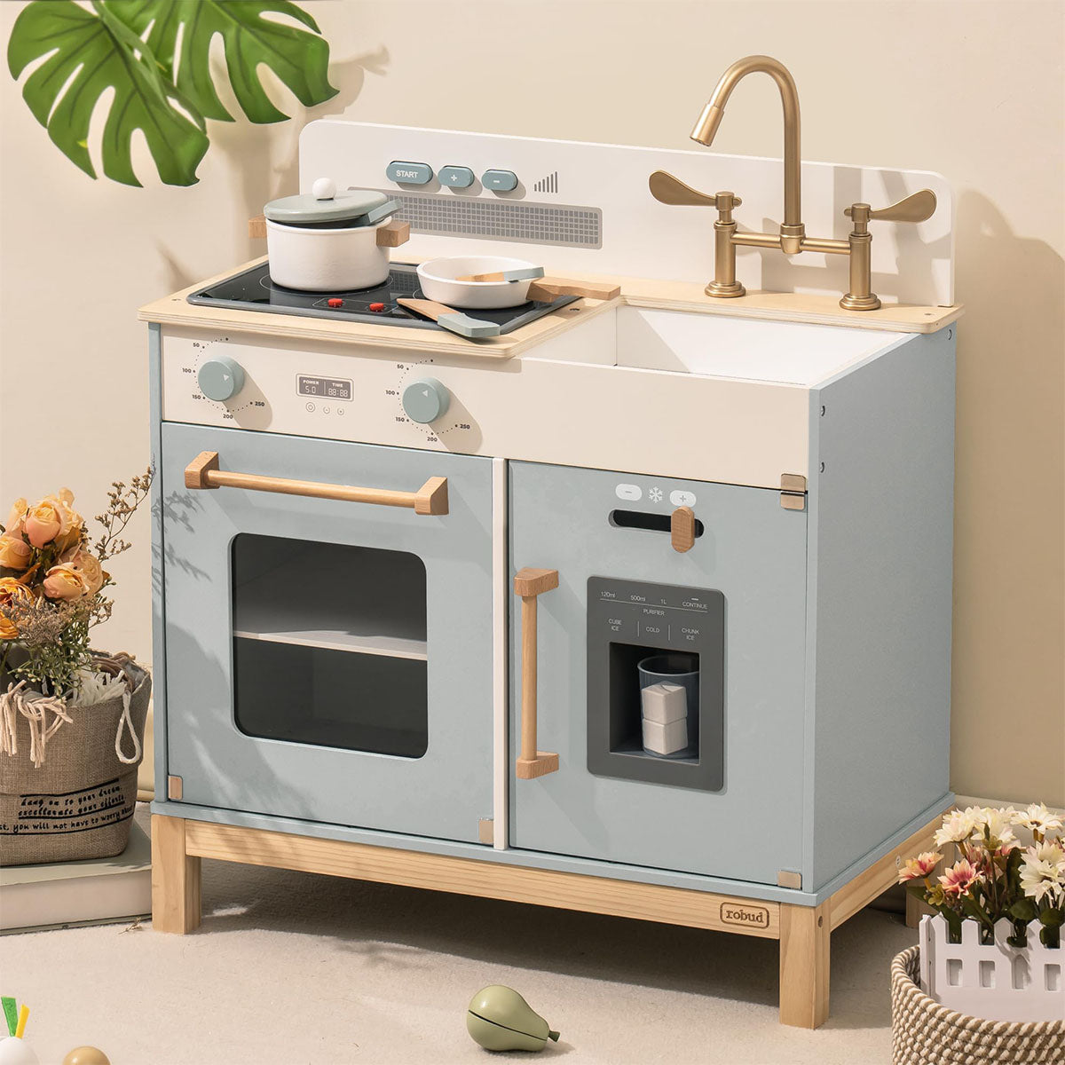 Robud Montessori Wooden Play Kitchen 3D wooden model kit, side profile detail shot