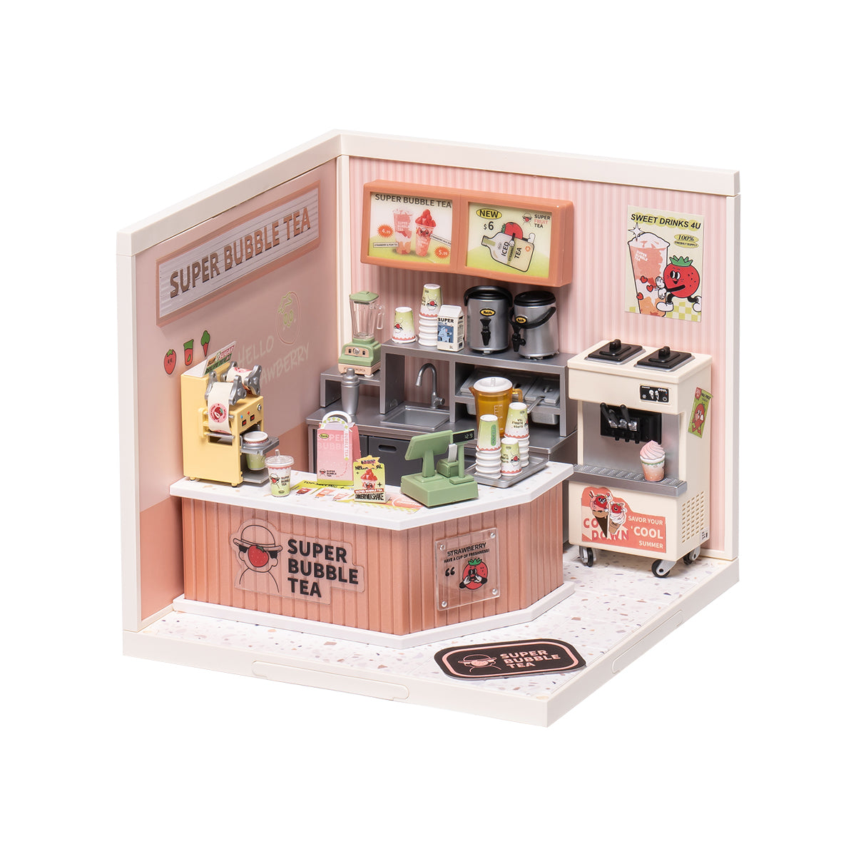 Rolife Super Creator Double Joy Bubble Tea DW006 DIY book nook miniature kit, close-up of intricate laser-cut parts