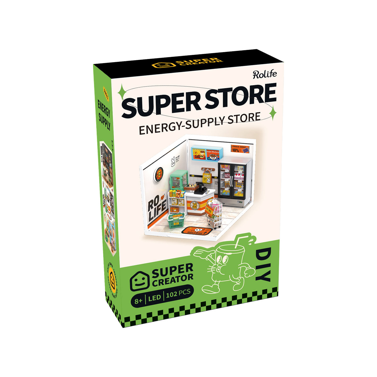 Rolife Super Creator Energy Supply Store DW002 DIY book nook miniature kit, top-down view of the assembled model