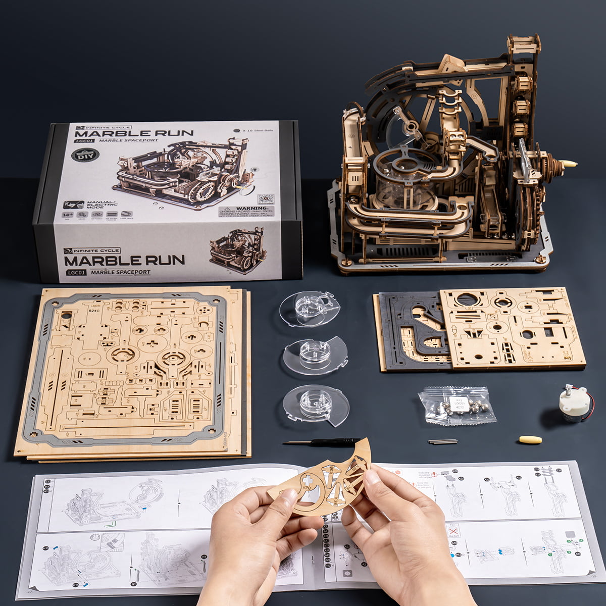 ROKR Marble Spaceport Marble Run LGC01 marble run 3D wooden puzzle, close-up of intricate laser-cut parts