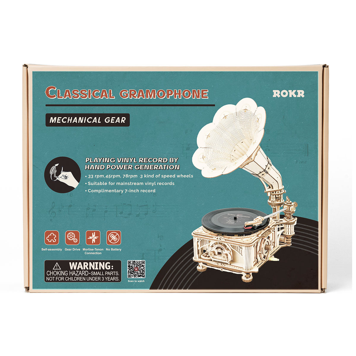 ROKR, DIY Crank Classic Gramophone, LKB01, 3D wooden gramophone puzzle, lifestyle setup