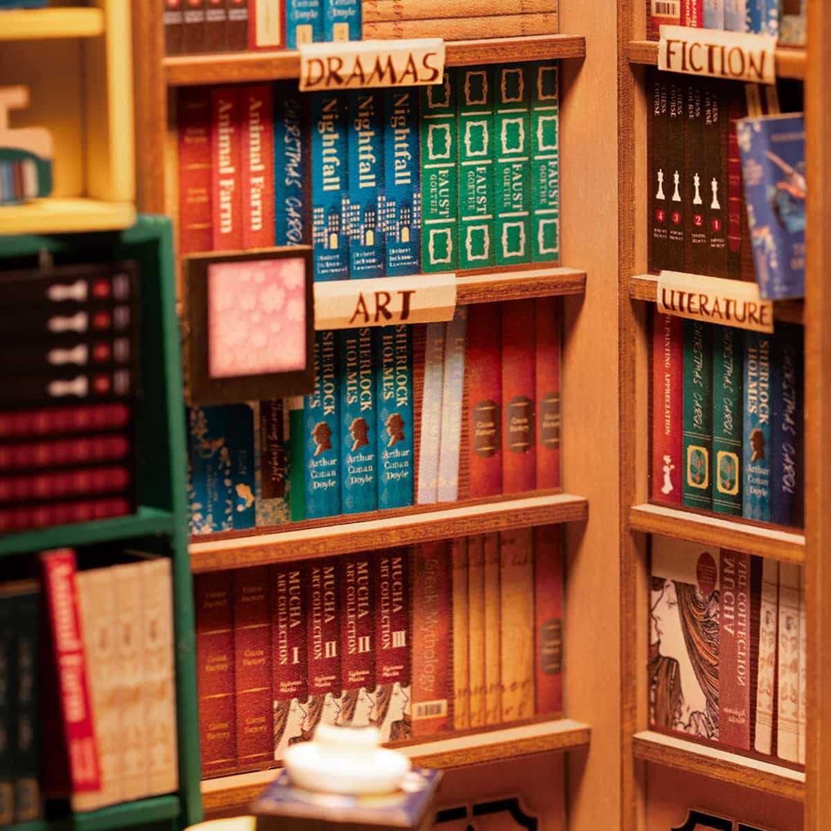 Rolife Bookstore Book Nook interior corner showing wooden shelves packed with colorful book spines under warm light