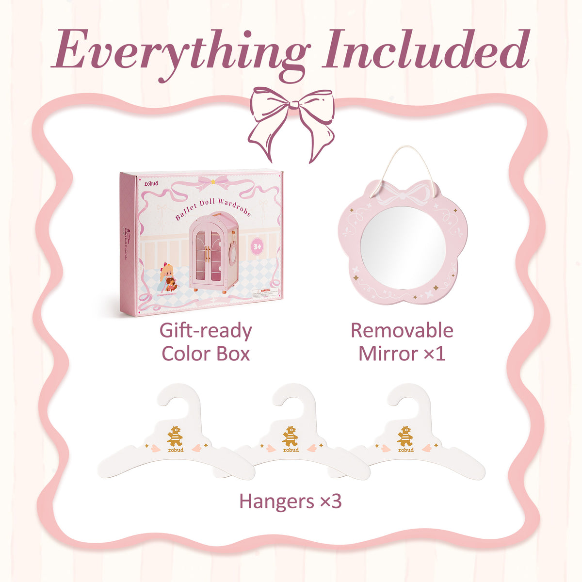 ROBUD wooden doll wardrobe accessories flat lay showing gift box packaging removable mirror and three white hangers.