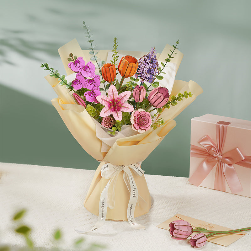 Rowood Pink Tulip DIY Flower 3D Wooden Puzzle TW082, 3D wooden DIY flower puzzle, styled photo