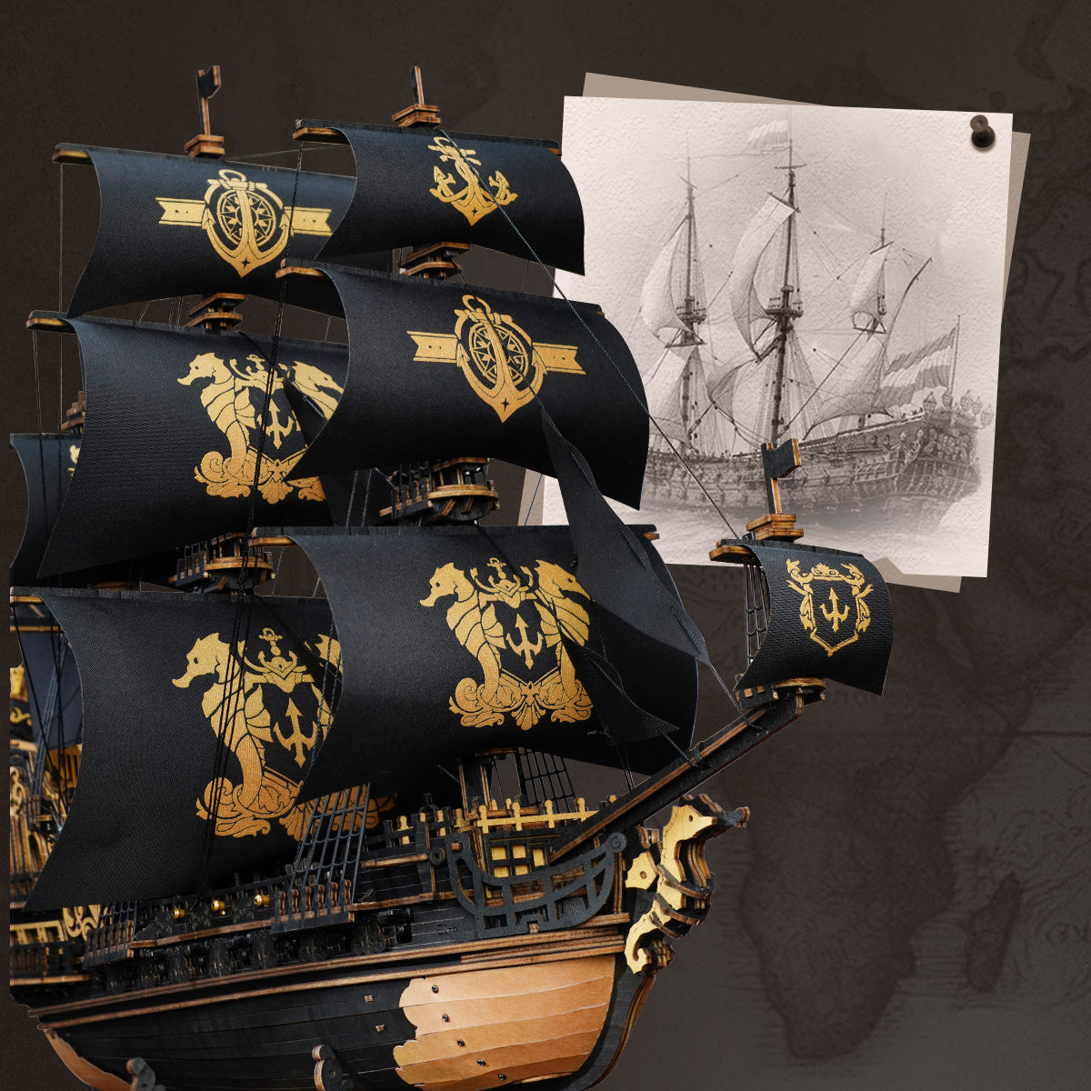 ROKR The Seahorse Barque 3D Wooden Puzzle MCB02, 3D wooden ship model puzzle, close-up detail