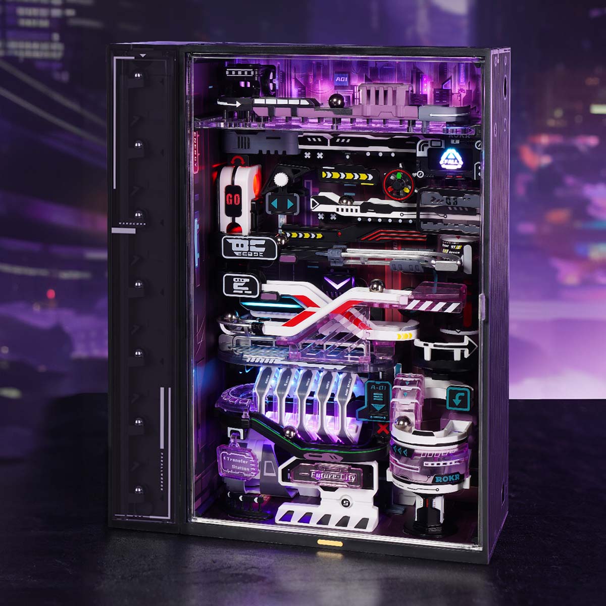 ROKR Future City marble run cabinet stands in purple lighting against a dark scene.