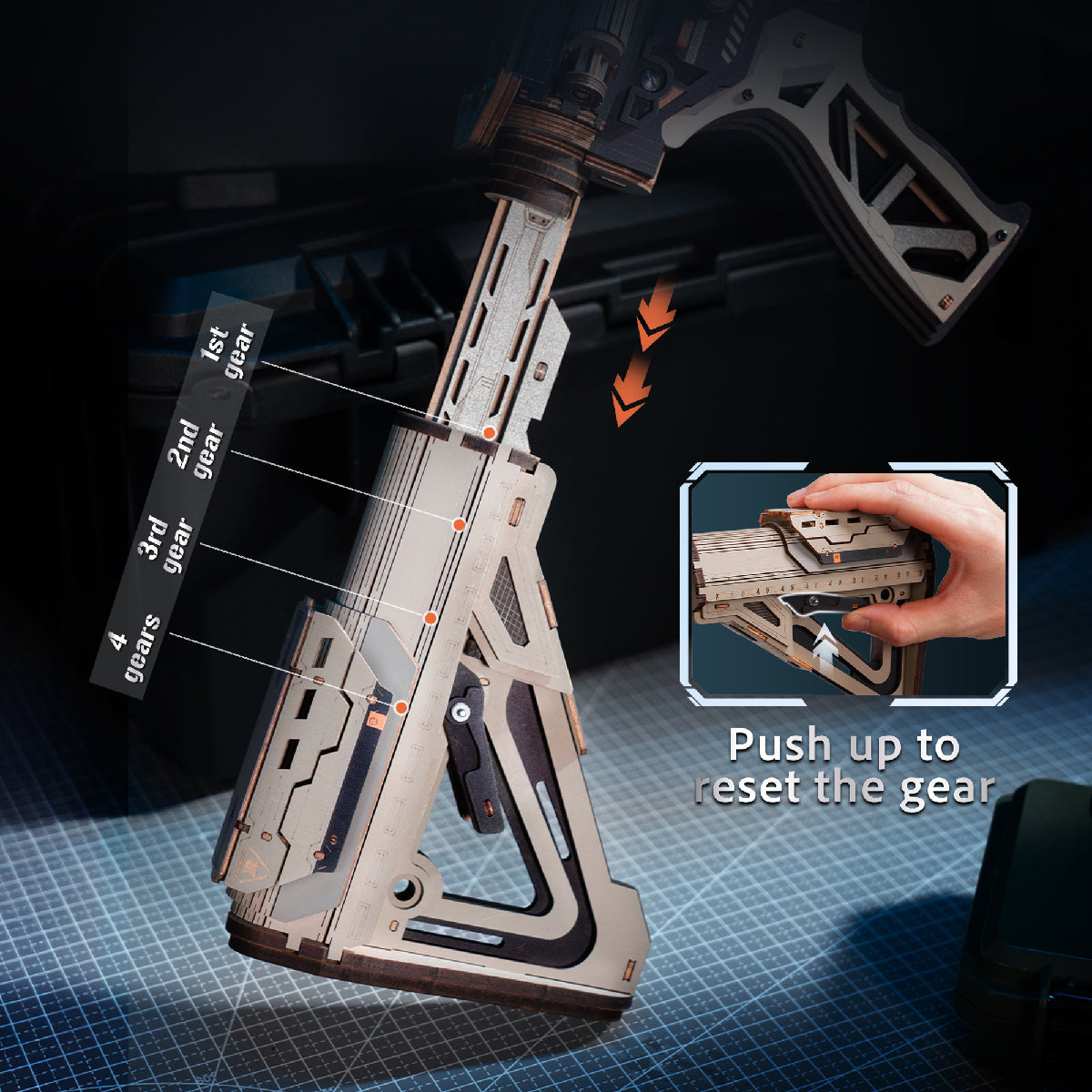 Close up of the rifle model's stock mechanism with numbered gear positions and a reset gear callout