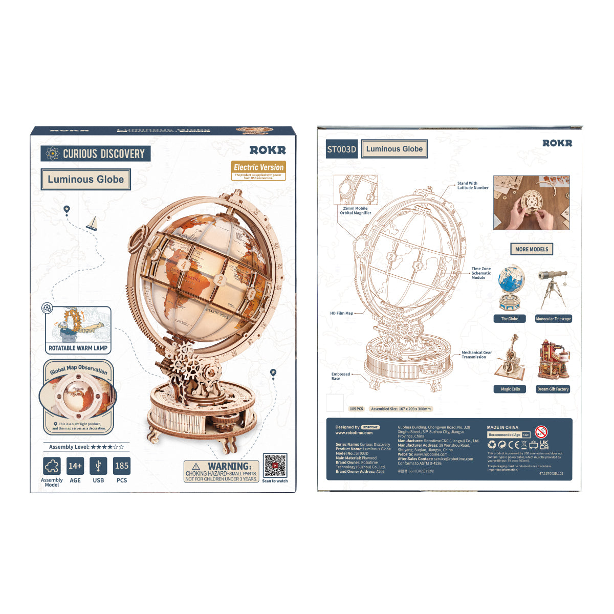 ROKR Luminous Globe 3D Wooden Puzzle ST003D (Electric Version) ST003D, parts and pieces laid out before assembly