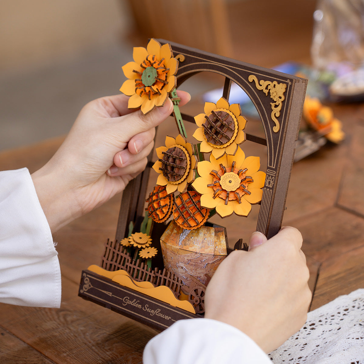 Rowood Golden Sunflower Wall Art 3D Wooden Puzzle TH002, 3D wooden wall art puzzle, top-down view