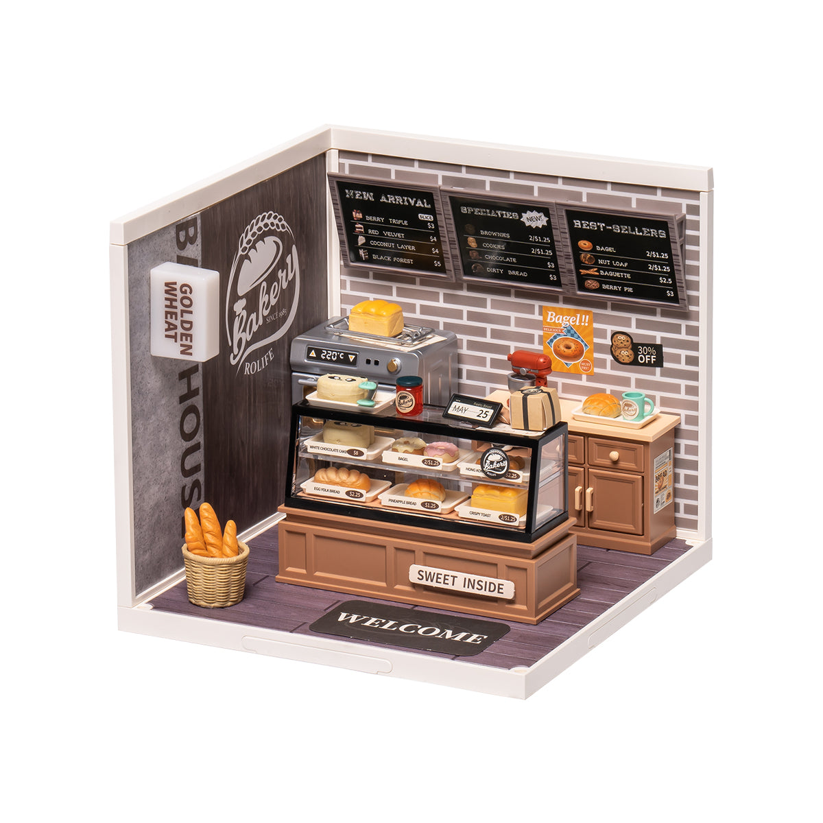 Rolife Super Creator miniature house step-by-step build photo showing mid-assembly stage with wooden frame and partial interior details