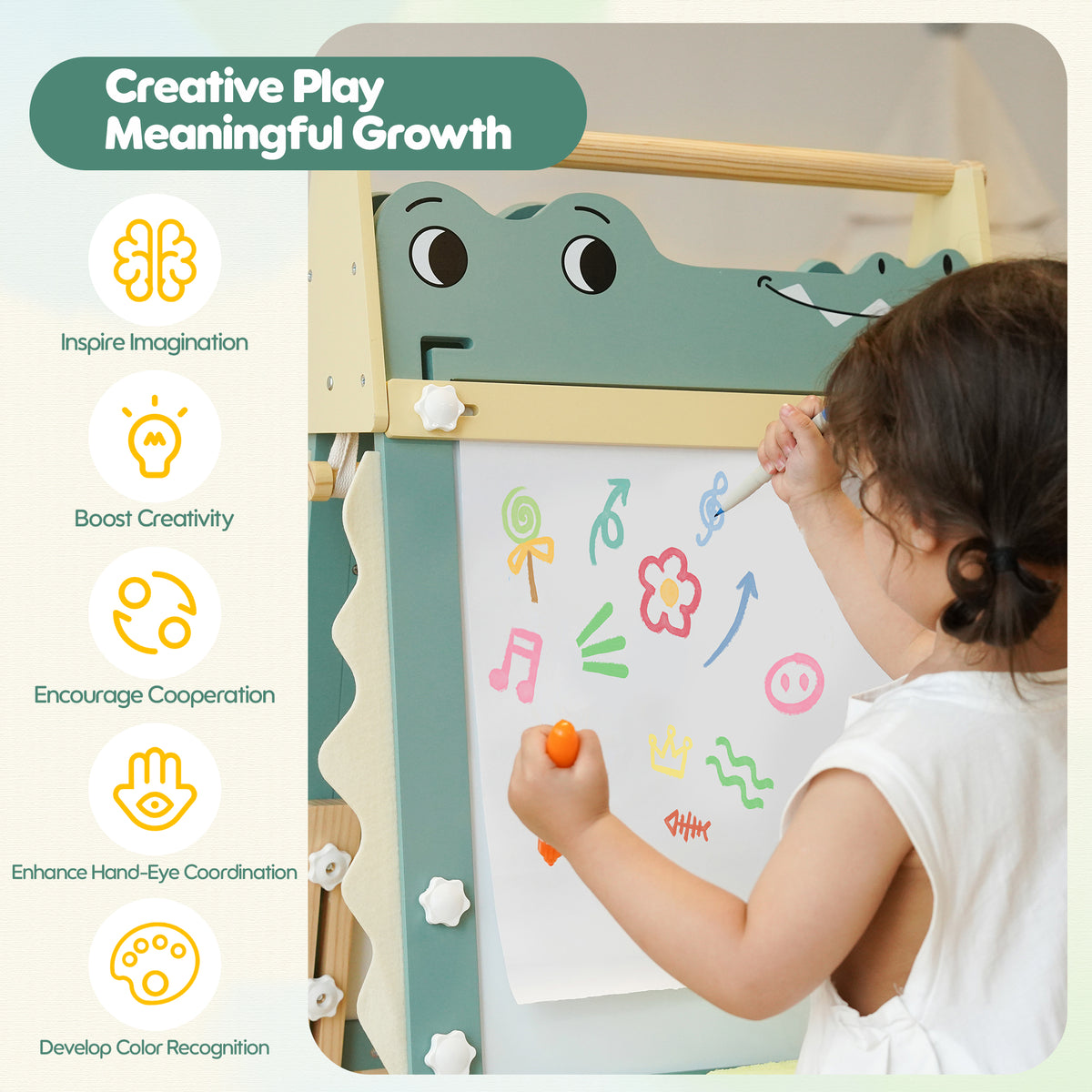 ROBUD Crocodile Easel creative play and meaningful growth feature callout showing child drawing on whiteboard