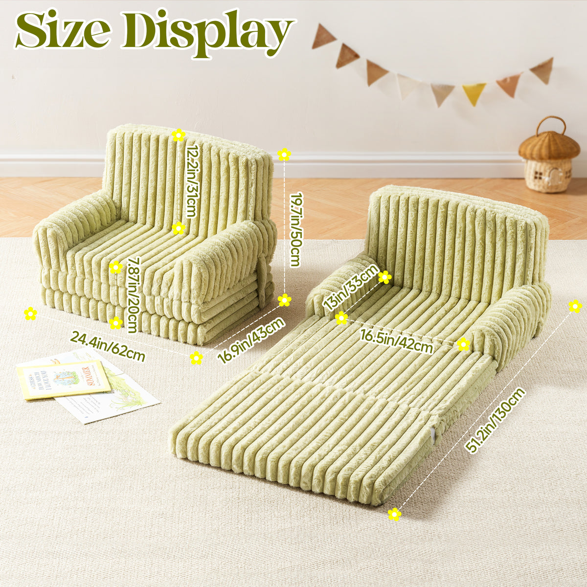 ROBUD children's sofa size display showing the green striped convertible sofa and chair set with measurement annotations.