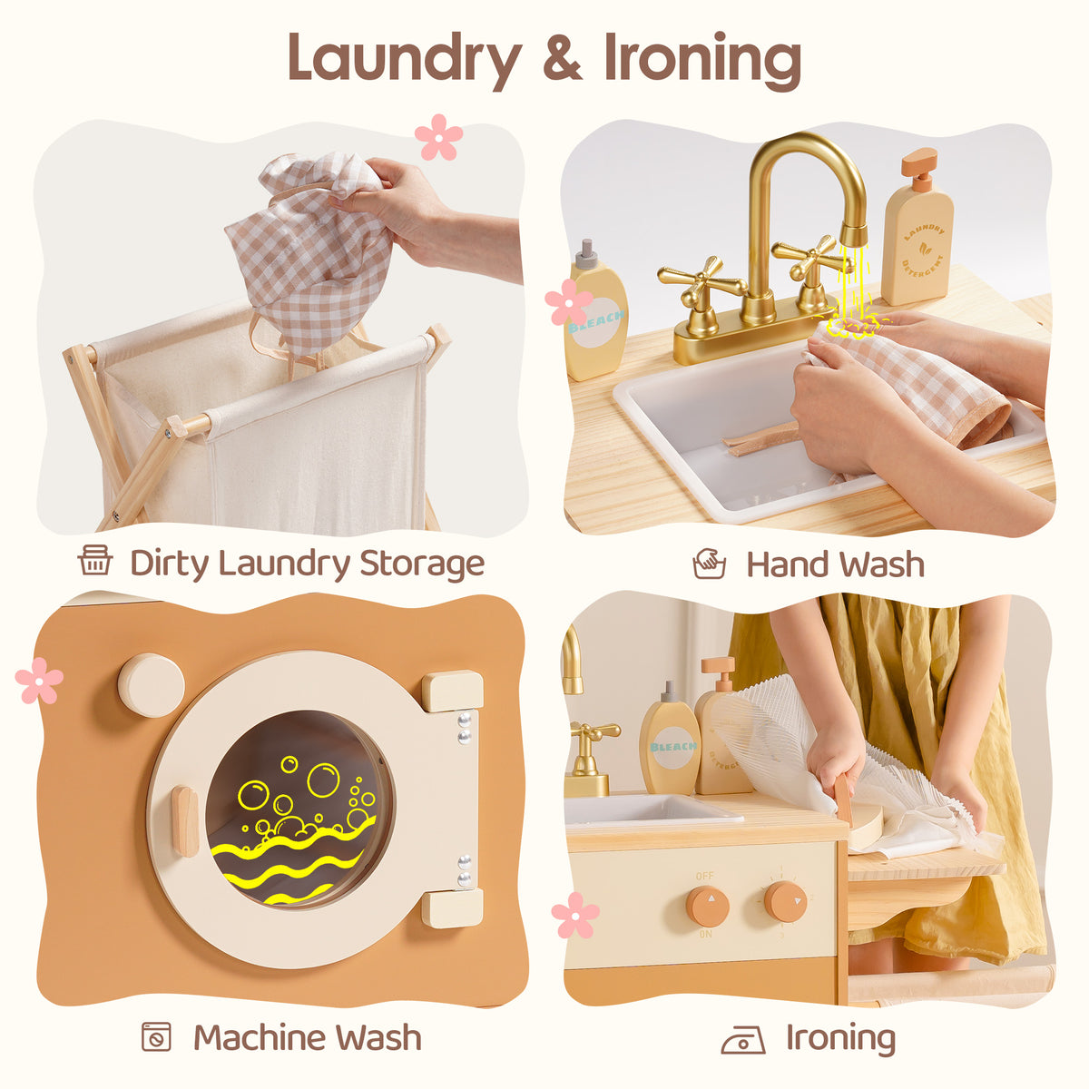 ROBUD Caramel Laundry Playset lifestyle scene showing laundry storage, hand wash, machine wash and ironing role-play activities