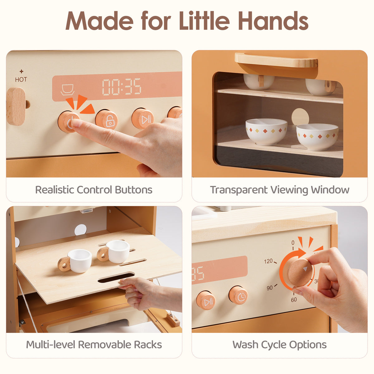ROBUD Caramel Wooden Dishwasher feature card showing realistic control buttons, transparent window and removable racks