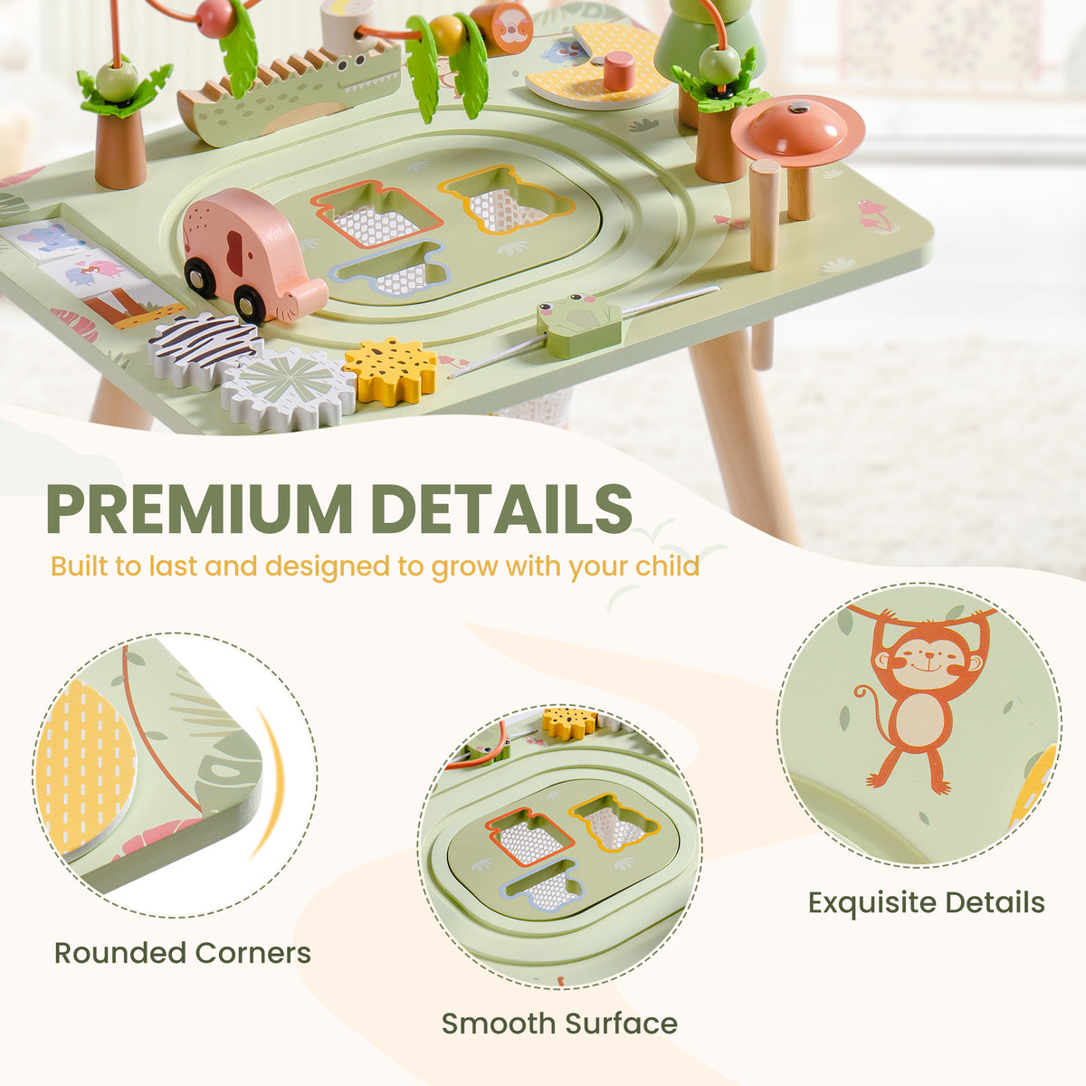 ROBUD 11 in 1 Rainforest Activity Table premium details showing rounded corners and smooth surface with animal character graphics