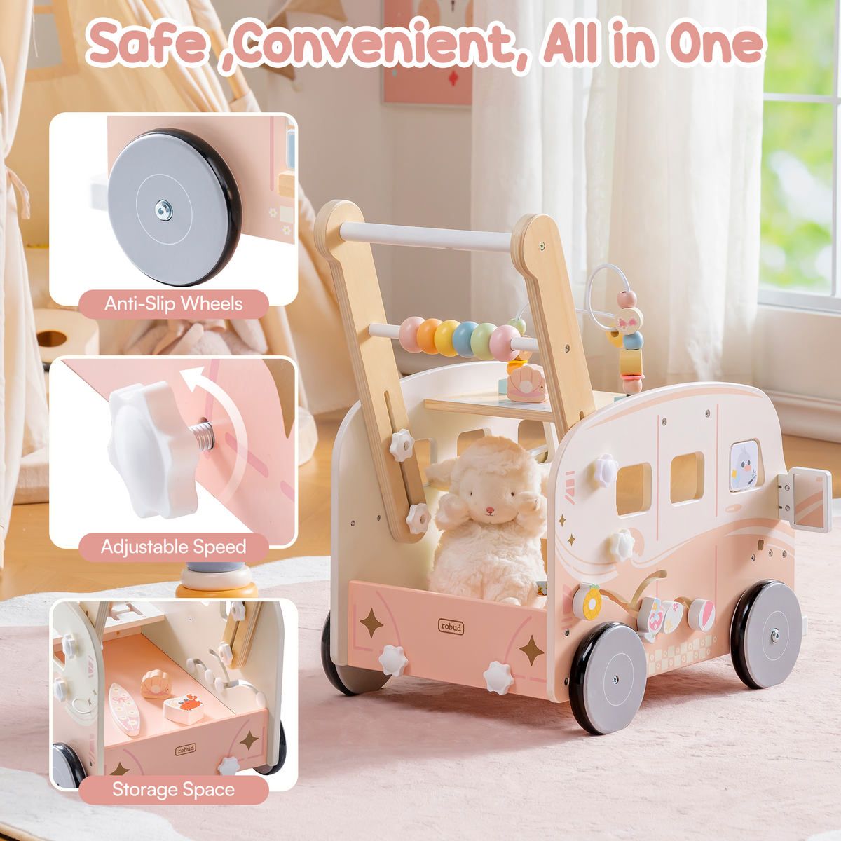 ROBUD pink wooden baby walker safety feature callout showing anti-slip wheels adjustable speed and storage space.