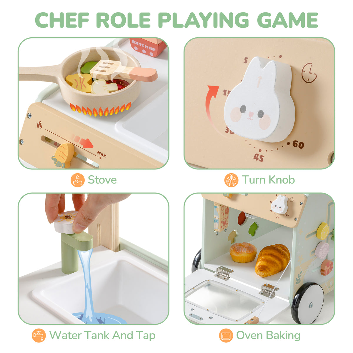 ROBUD baby push walker chef role playing game feature callout showing stove with pan, turn knob timer, water tank tap and oven baking compartment