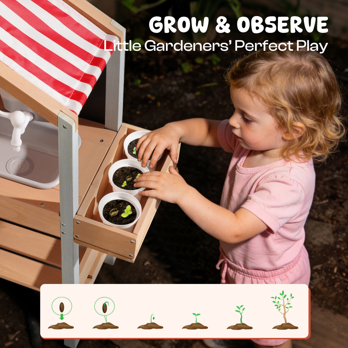 Young girl planting seeds in ROBUD outdoor mud kitchen's planting pots under the red stripe canopy with garden grow callout