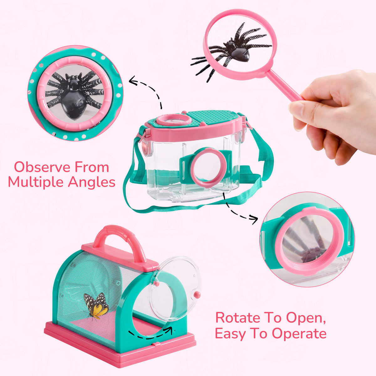 ROBUD outdoor pink explorer kit bug catcher infographic showing observation from multiple angles through the clear cage, and rotate-to-open lid callout with butterfly inside