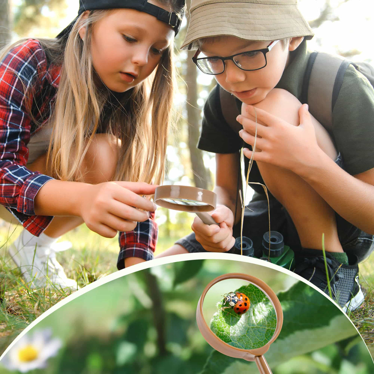 Two children crouching outdoors using a magnifying glass to examine a ladybug on a leaf with the ROBUD explorer kit