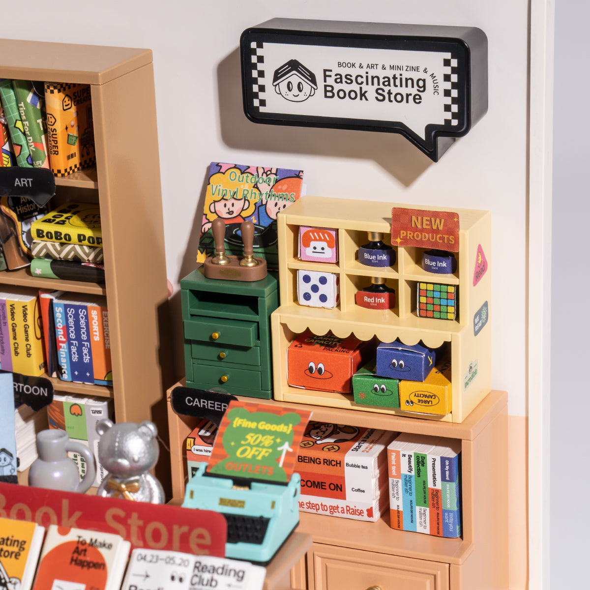 Rolife Super Creator Fascinating Book Store DW004 DIY book nook miniature kit, scale comparison alongside accessories
