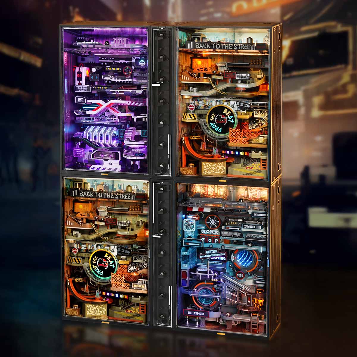 ROKR Hip-Hop Street Marble Run MR03S showing four modules linked together with different illuminated neon scenes including the Back to the Street hip-hop interior