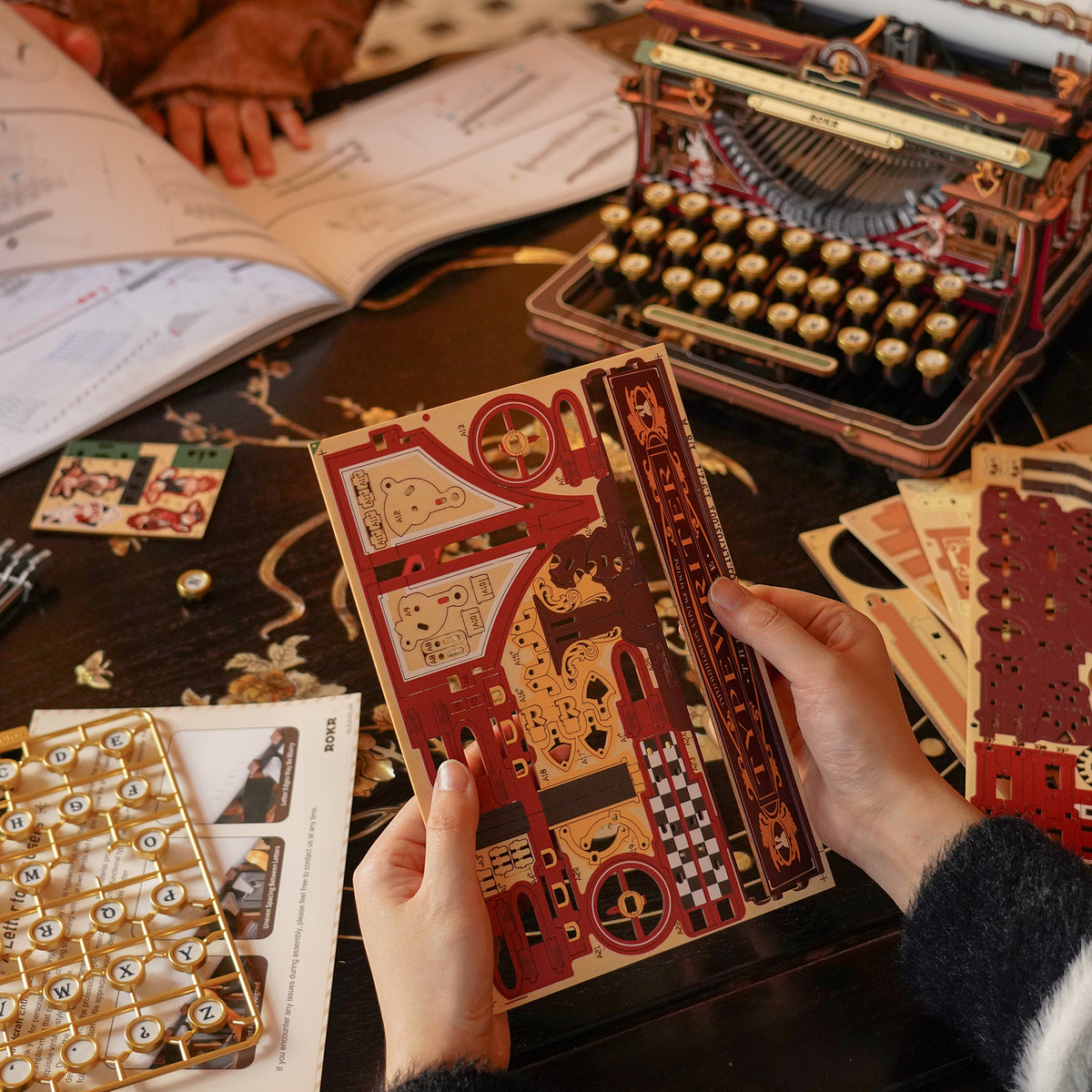 ROKR Mechanical Typewriter Wooden 3D Puzzle LK703C (Magic Version) LK703C, styled lifestyle scene with model assembled