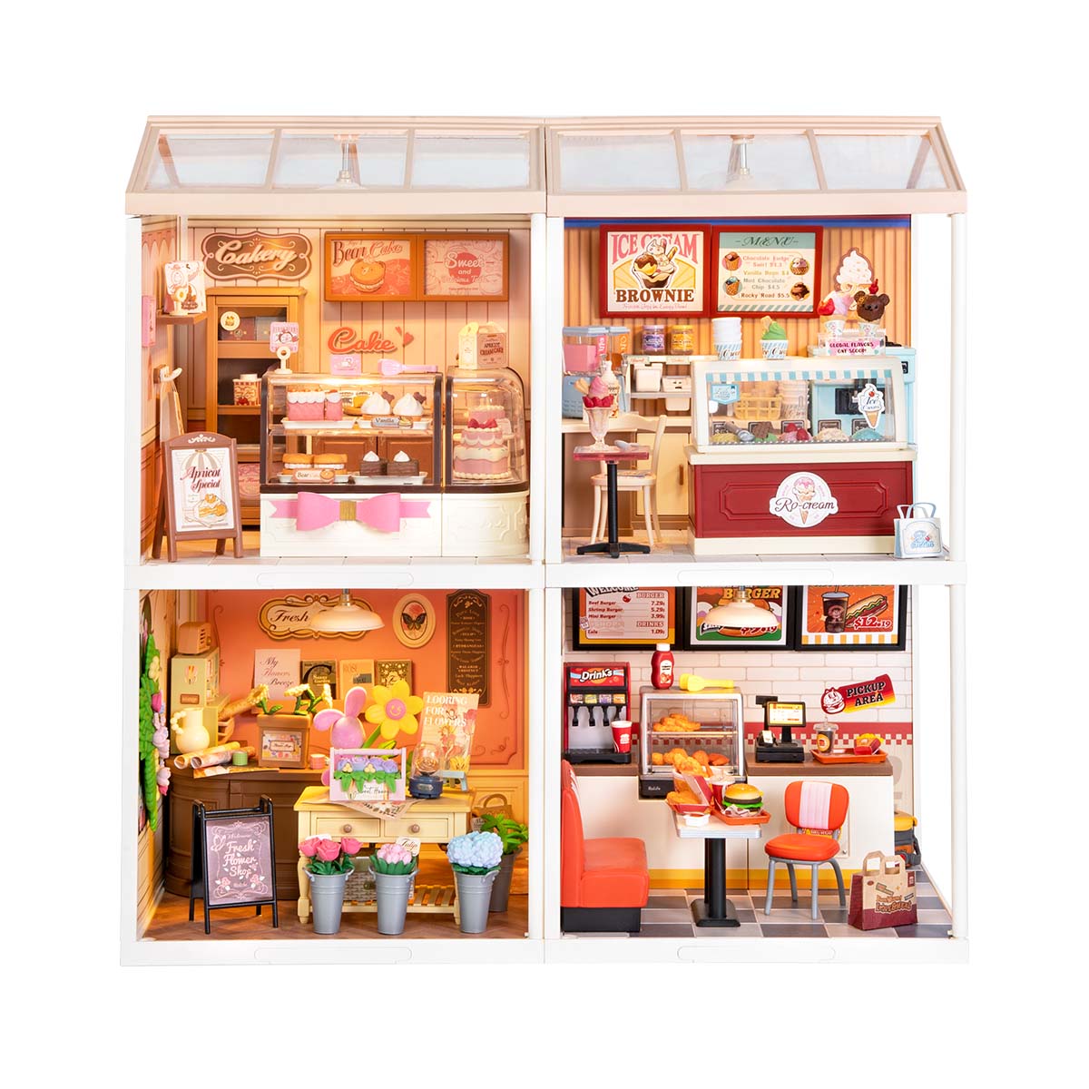 Rolife Super Creator 4-in-1 Four Grid miniature house angled front view showing bakery cake shop, ice cream bar, flower boutique and retro American diner rooms