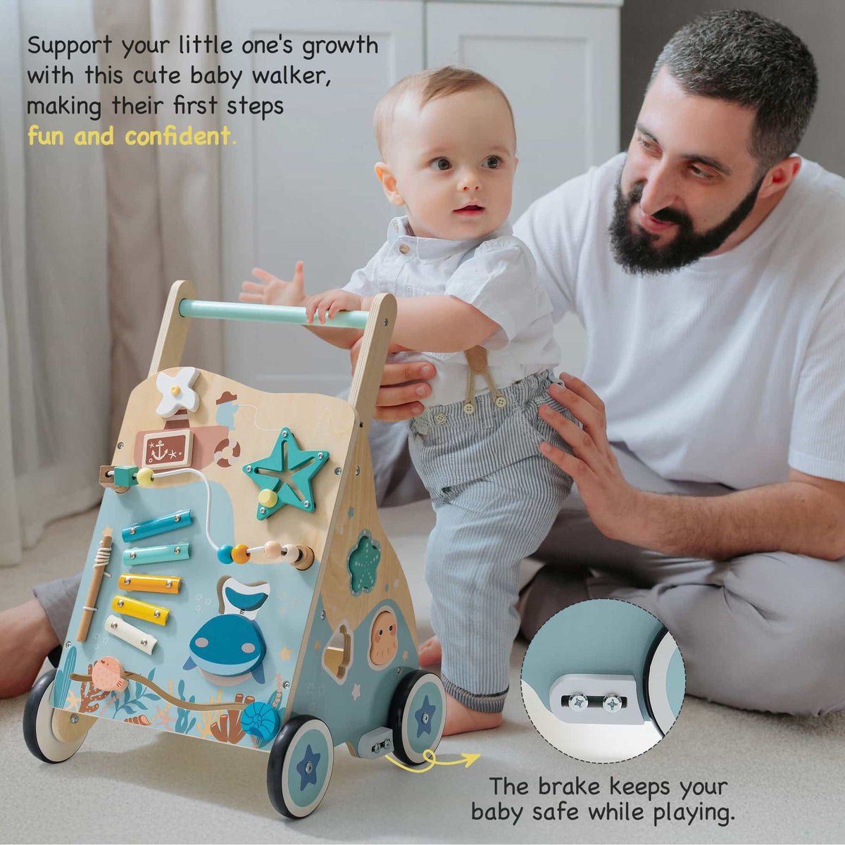 Robud baby push walker, top-down view of components