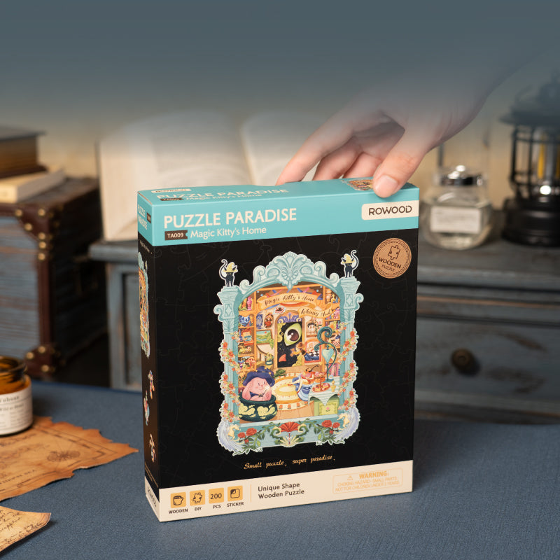 Rowood Magic Kitty's Home Wooden Jigsaw Puzzle TA009 3D wooden puzzle model, side view highlighting structure and scale