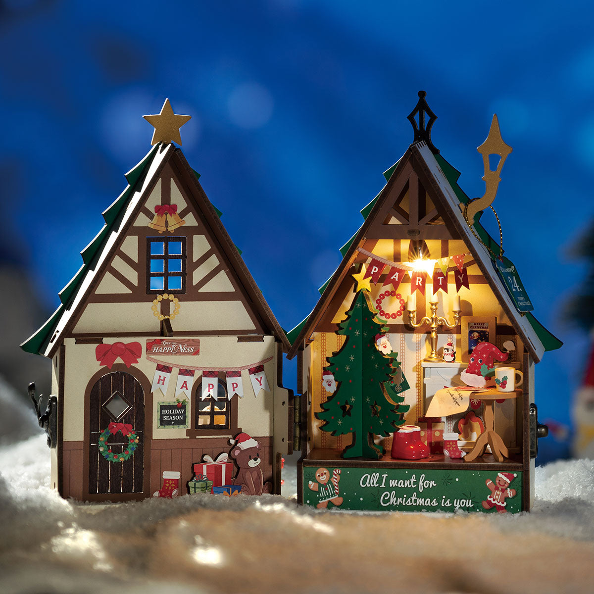 Two Rolife Twinkling Christmas House DS036 models side by side showing exterior and open interior with warm holiday lighting