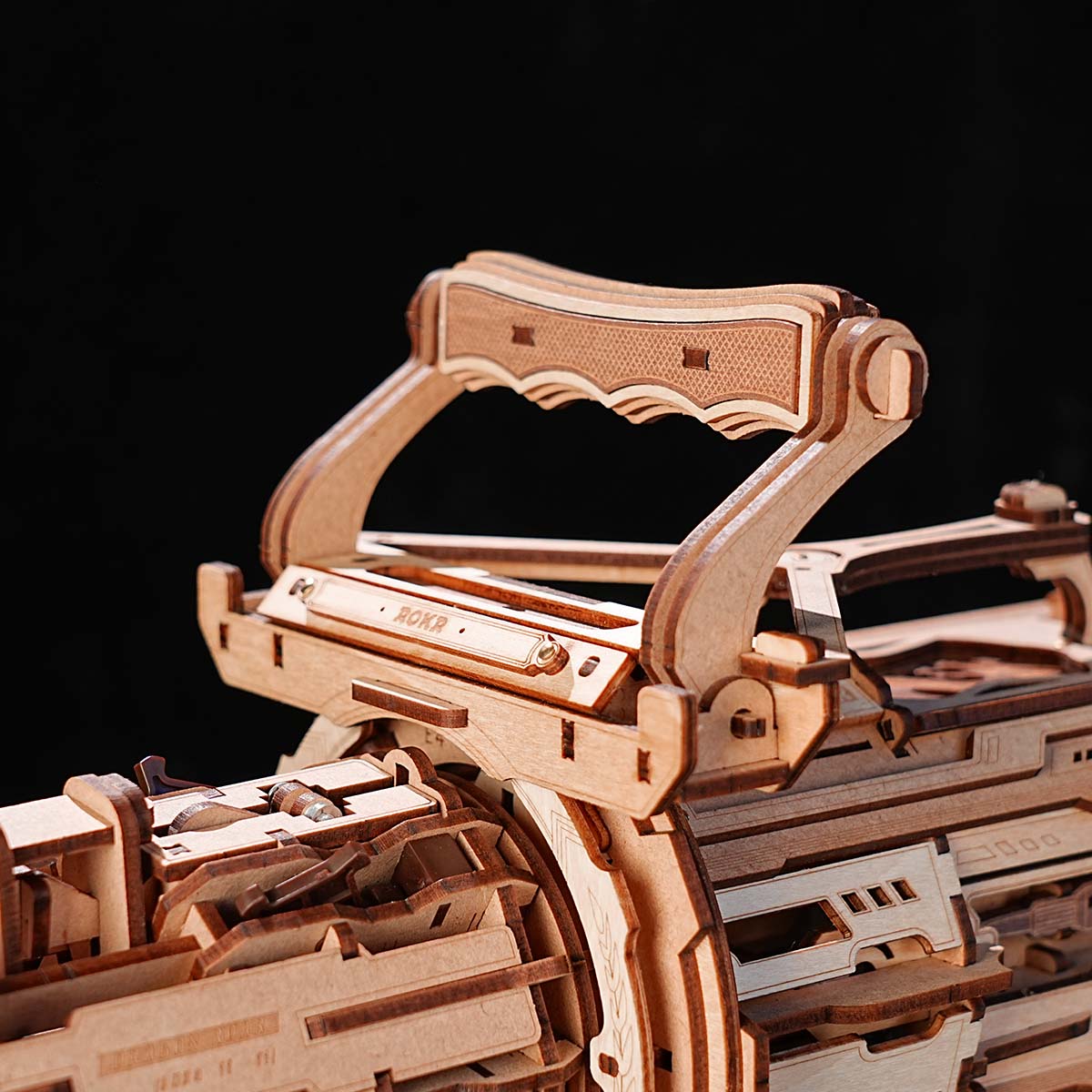 ROKR Rotating-Barrel Machine Toy Gun 3D Wooden Puzzle LQA01, mechanical wooden toy gun 3D puzzle, top-down view
